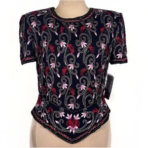 Vtg NWT Papell Boutique Evening Beaded Silk Top Short Sleeve Floral Med‎ NOS NYE